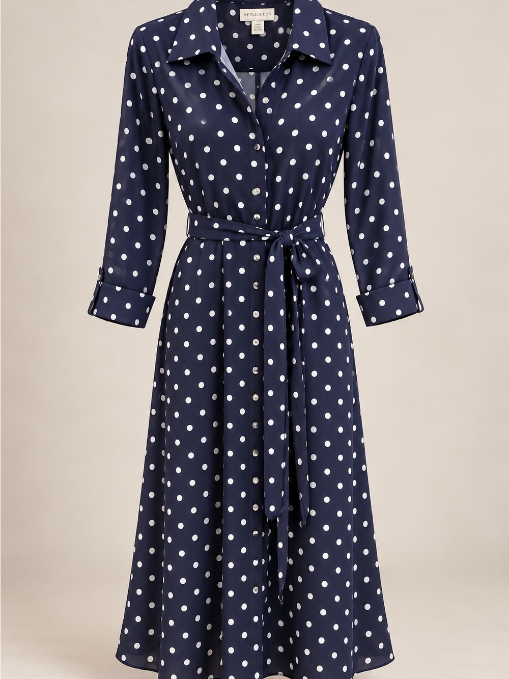 Appleseed’s Navy White Polka Dot Belted Shirt Dress Size 14